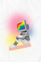 Picture collage colorful artwork of faceless girl with computer in head addicted modern technologies