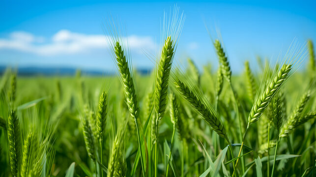 Des &eacute;pis de bl&eacute; vert jeune en gros plan, avec un ciel bleu clair en arri&egrave;re-plan.
