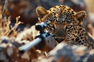 Feline Marksman: Role Reversal with a Leopard in Sniper Position Staring Down Rifle