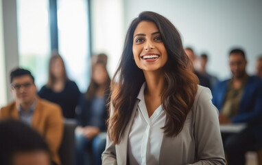 young indian businesswoman standing at business meeting