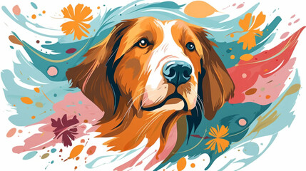 Dog minimalist illustration in floral style. Animal surrounded by vivid flowers on a white background.