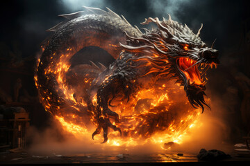 Ferocious fire-breathing dragon, a scary mystical creature