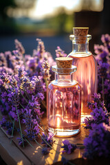 Glass bottle with essential oils in a lavender field