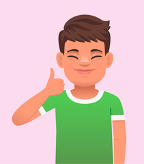 Joyful boy with the genetic disease Down Syndrome gestures with a Like sign. Confident guy. The sunny child.