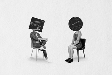 Creative drawing collage picture of two people together sit chairs recruiter employee chat...