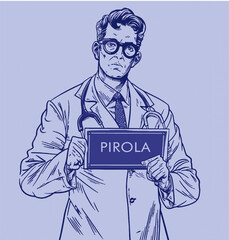 Doctor holds a sign with the words pirola the new variant of covid-19. AI