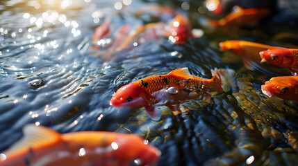 Obraz na płótnie Canvas Golden Koi Fish Swimming in Sunlit Pond