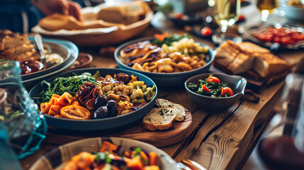 Gourmet Mediterranean Feast Spread on a Wooden Table