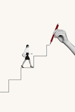 Vertical image collage photo young attractive business lady rising upwards reach dream target goal success accomplishment drawing stairs