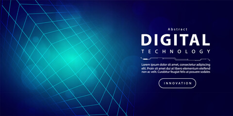 Obraz premium Digital technology futuristic blue green background, internet network connection, abstract cyber information communication, science innovation future tech, Ai big data line dot, illustration vector 3d
