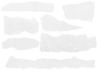 Set of Pieces of White Crumpled Paper on a Blank Background.