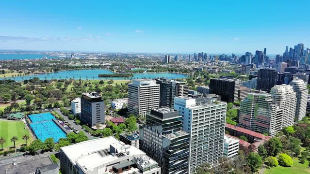 Melbourne, Australia: Aerial view of Albert Park with Albert Park Lake in capital city of Victoria, sunny day with clear blue sky