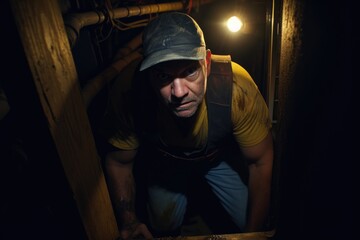 Expert Plumbing Beneath: In the Tight Crawl Space Below a House, a Skilled Plumber in Uniform Performs Maintenance and Repairs with Precision and Professionalism.







