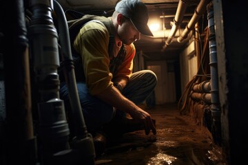 Expert Plumbing Beneath: In the Tight Crawl Space Below a House, a Skilled Plumber in Uniform Performs Maintenance and Repairs with Precision and Professionalism.






