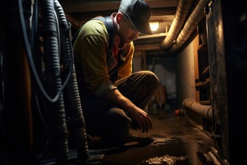 Expert Plumbing Beneath: In the Tight Crawl Space Below a House, a Skilled Plumber in Uniform Performs Maintenance and Repairs with Precision and Professionalism.






