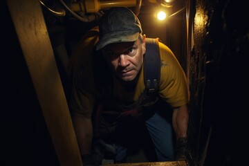 Expert Plumbing Beneath: In the Tight Crawl Space Below a House, a Skilled Plumber in Uniform Performs Maintenance and Repairs with Precision and Professionalism.






