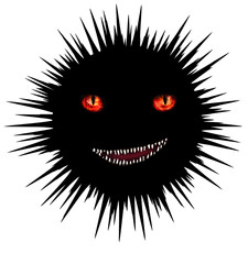 cheerful black monster with red eyes and bared mouth