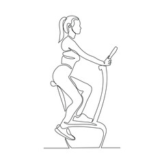 Continuous single line sketch drawing of athletic woman riding static bicycle at gym for speed endurance training. One line art of fitness sport healthy activity vector illustration