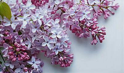 Flower composition. Frame of lilac flowers and leaves on a white background. Flat lay, top view. Generative AI