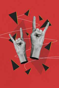 Vertical collage creative poster monochrome effect two hand show gesture rock roll communication unusual exclusive background
