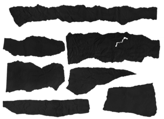 Set of pieces of black crumpled paper on a blank background.