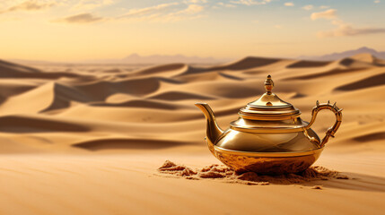 Oriental gold teapot lying on the sand in the desert