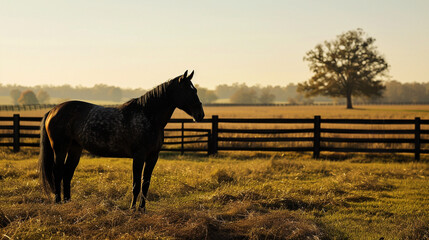 a reasltic photo of a thoroughbred horse standing in a field behind.