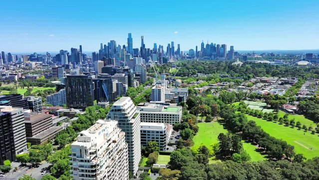 Melbourne, Australia: Aerial view of skyscraper skyline of Melbourne central business district (CBD) in capital city of Victoria, taken from Fawkner Park on sunny day with clear blue sky