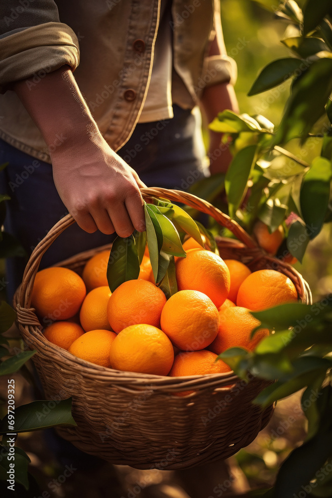 Poster young gardener picking orange fruits