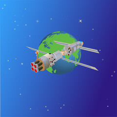 Vector illustration of the cosmic station with solar panels orbiting around the Earth.