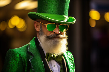 AI Generated Image. Trendy mature leprechaun wearing green sunglasses and hat while walking on a city street 1 - 697209551