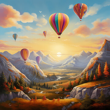 Hot air balloons ascending above a landscape painted in warm hues.