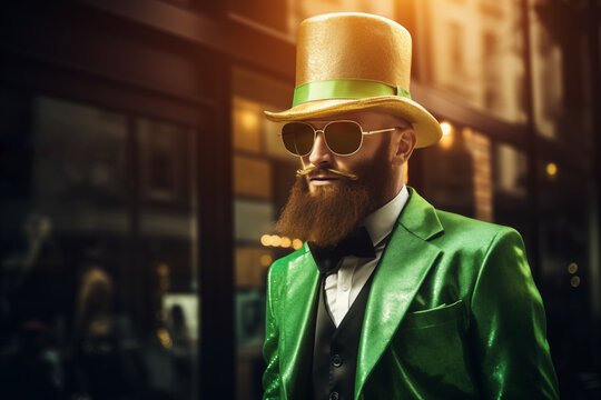 AI Generated Image. Trendy leprechaun wearing sunglasses and hat while walking on a city street