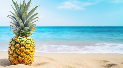 Pineapple fruit on sandy tropical beach with blue sky