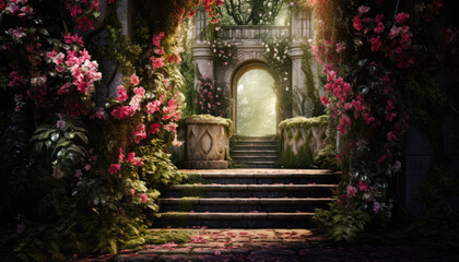 Scenery with stairs and gardens with flowers.