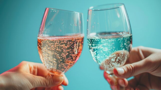 two hands cheering with glasses of water on light blue pastel background
