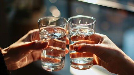 two woman hands cheering with glasses of water at home in the kitchen