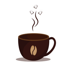 Hot Coffee cup with hearts. Vector illustration. on white background.