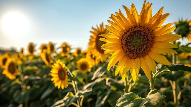 A tranquil vast field of blooming sunflowers, their yellow heads turned towards the sun, with a clear blue sky in the background. generative AI © yj