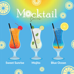 Vector illustration set of mocktail series, beverage. isolated on cyan background