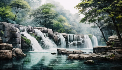 Peaceful Waterfall in Lush Green Forest