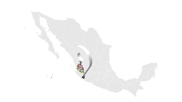 Location Colima on map Mexico. 3d State of Colima flag map marker location pin. Map of  Mexico showing different parts. Animated map States of Mexico. 4K.  Video