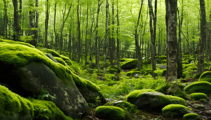 A mossy landscape with green forest