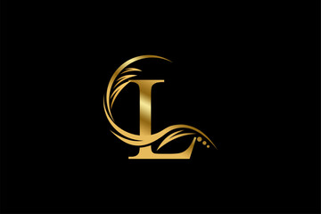 Gold letter L logo design with beautiful leaf, flower and feather ornaments. initial letter L. monogram L flourish. suitable for logos for boutiques, businesses, companies, beauty, offices, spas, etc - obrazy, fototapety, plakaty