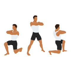 Man doing 90 degree turning lunge or rotation lunges exercise. Flat vector illustration isolated on white background