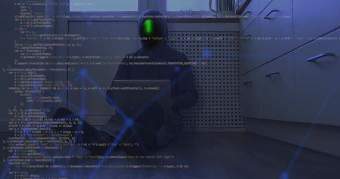 Hacker with binary number instead of face, writing a malicious script while sitting on the floor at home. Projecting a numeric code onto a screen.