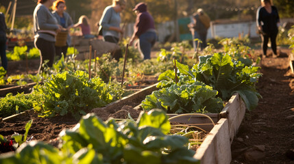Community Garden Gathering:  A community garden where people come together to grow fresh produce, fostering a sense of local sustainability and environmental stewardship
