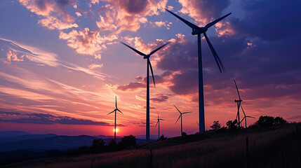 Obraz premium Clean Energy Horizon: Wind turbines standing majestically against a vibrant sunset, symbolizing the transition to clean and renewable energy sources