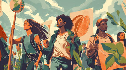 Global Conservation Rally:  Diverse individuals marching with banners and signs in a global environmental protection rally, emphasizing the power of collective action