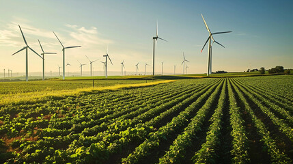 Renewable Agriculture:  A vast field of wind turbines interspersed with rows of crops, illustrating the synergy between agriculture and renewable energy practices - obrazy, fototapety, plakaty